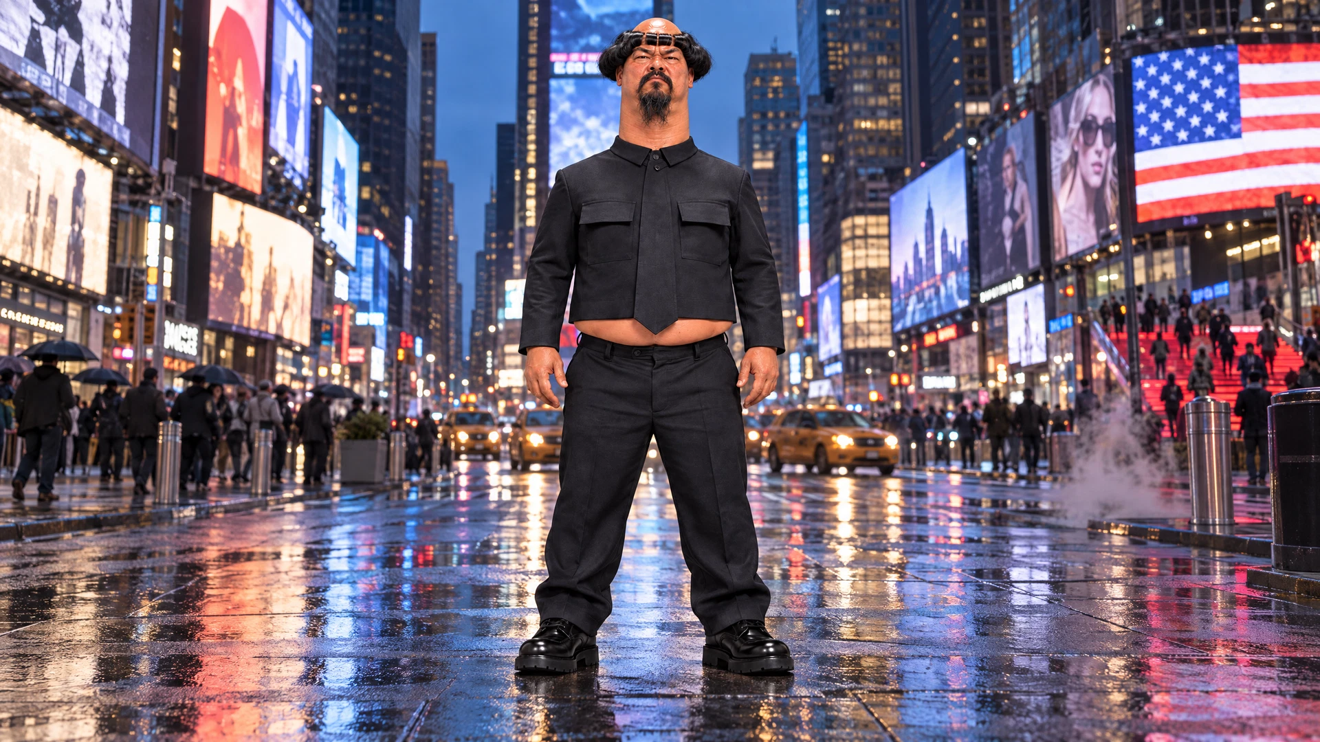 Fictional UG LEE standing in Times Square at blue hour.