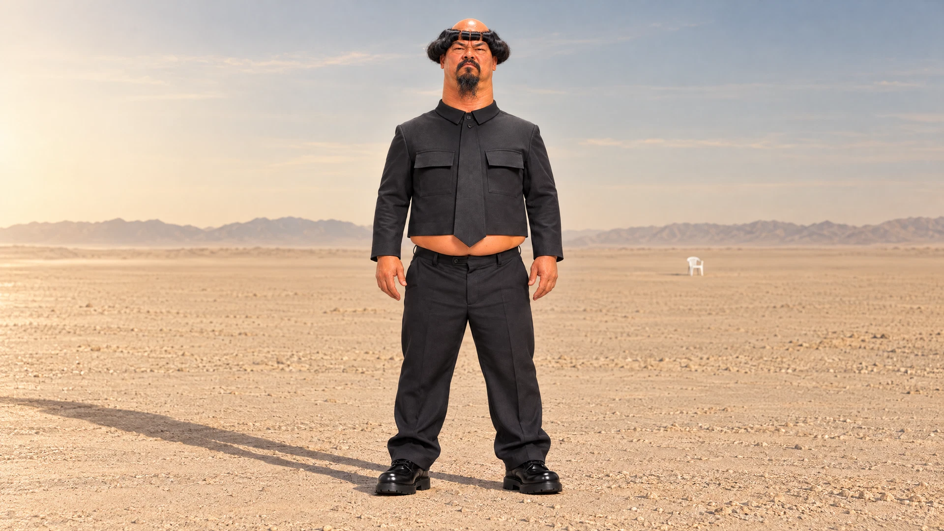 Fictional UG LEE standing in an absurdly empty desert.