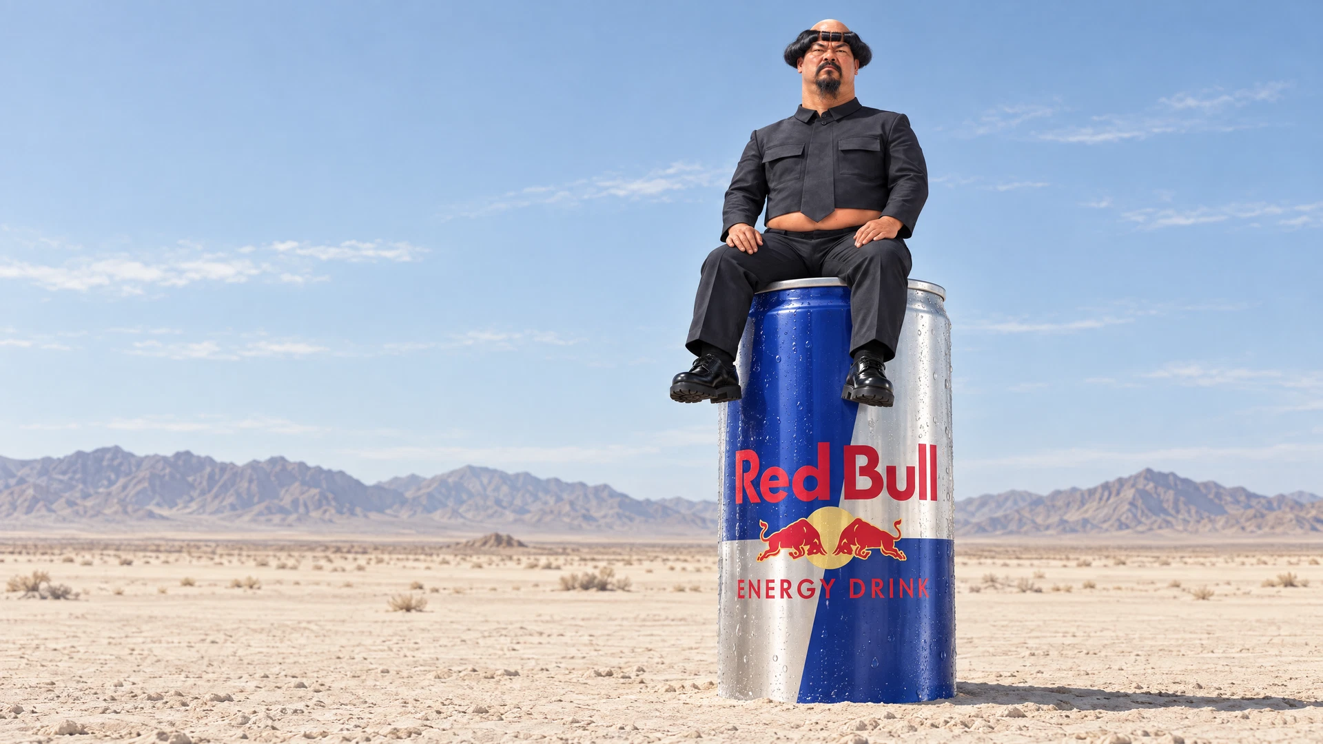 Speculative Red Bull campaign concept: UG LEE sits deadpan on a giant energy-drink can in the desert. Not an actual brand partnership.